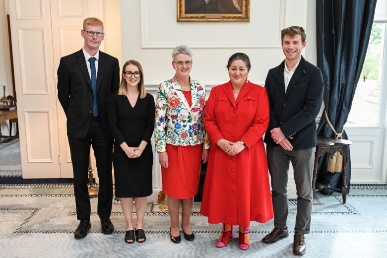 From left, 2022 Rhodes Scholarship recipients Elliott Hughes and Maisy Bentley, Distinguished Professor Dame Jane Harding, New Zealand Secretary for the Rhodes Trust, Governor-General Her Excellency The Rt Hon Dame Cindy Kiro and Scholarship recipient Oliver Sutcliffe.